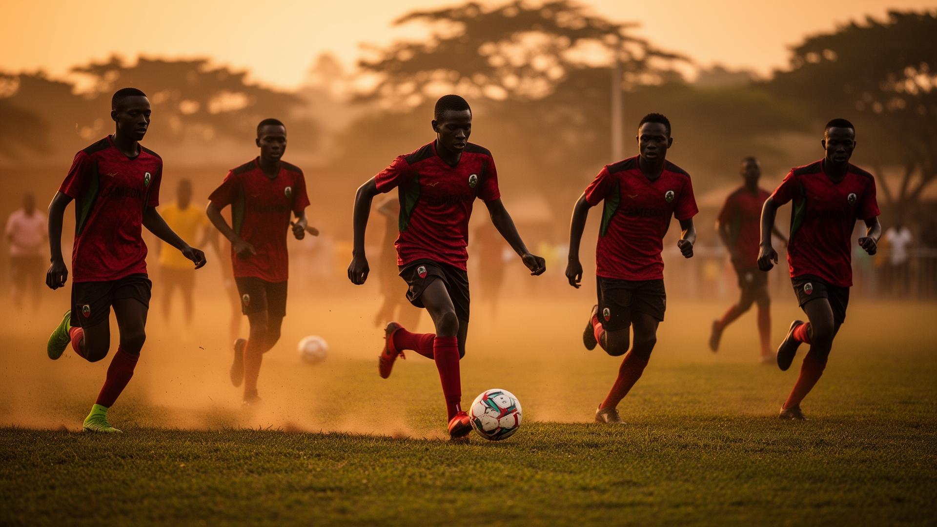 Young football players training at golden hour